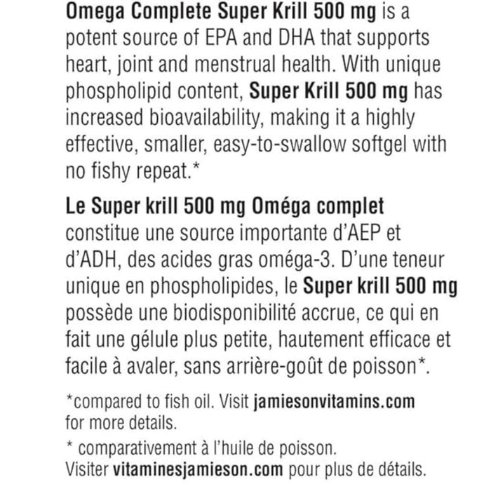 Jamieson Super Krill 500mg, 60 Softgels Nutrition Panel - SupplementSource.ca