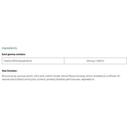 Jamieson Vitamin D3 Gummies Nutrition Panel, 10 Gummies - SupplementSource.ca