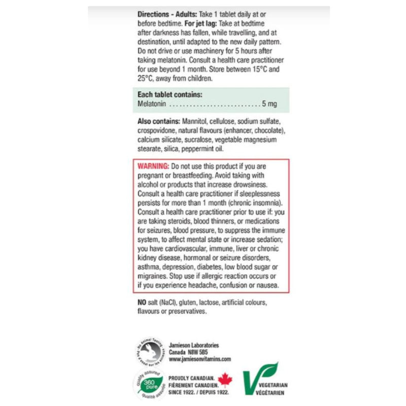 Jamieson Melatonin Nutrition Panel,  5mg x 10 tabs - SupplementSource.ca