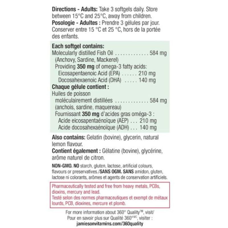 Jamieson Omega-3 Mini Extra Strength Nutrition Panel, 200 Softgels - SupplementSource.ca