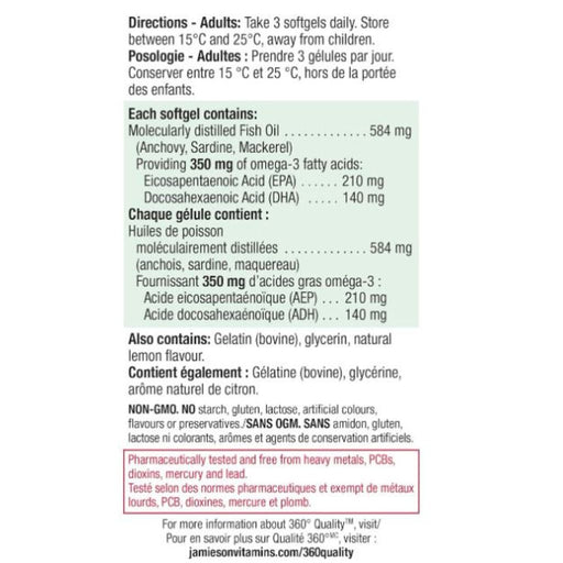 Jamieson Omega-3 Mini Extra Strength Nutrition Panel, 200 Softgels - SupplementSource.ca