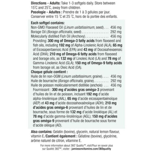 Jamieson Omega 3-6-9 Nutrition Panel, 1200mg, 180 Softgels - SupplementSource.ca