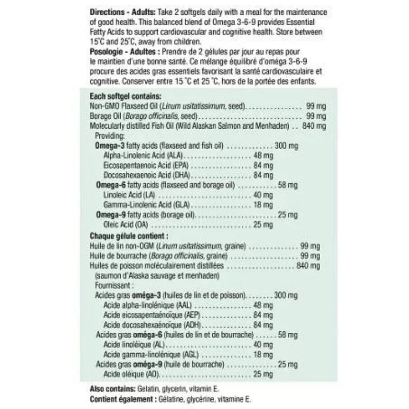 Jamieson Omega 3-6-9 Bonus Size Nutrition Panel, 200 Softgels - SupplementSource.ca
