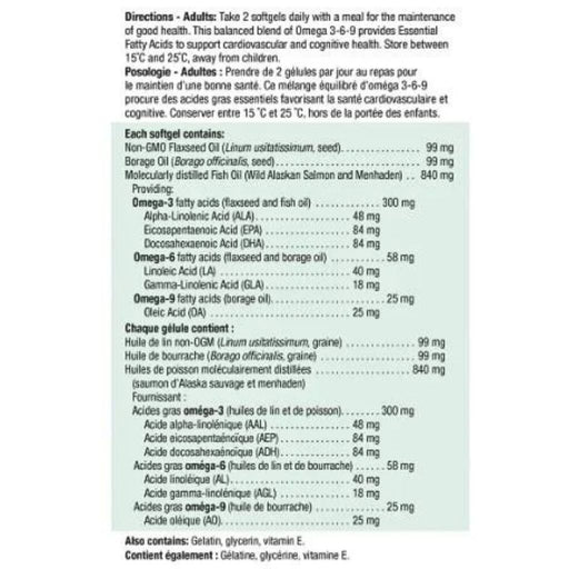 Jamieson Omega 3-6-9 Bonus Size Nutrition Panel, 200 Softgels - SupplementSource.ca
