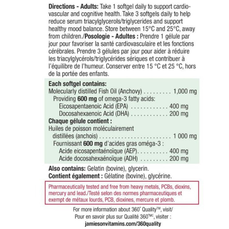 Jamieson Omega-3 Complete Extra Strength Nutrition Panel, 600mg, 80 Softgels - SupplementSource.ca