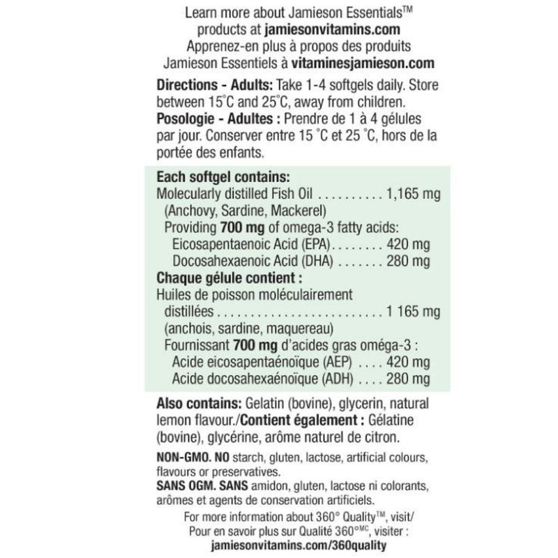 Jamieson Omega-3 Extra Strength Nutrition Panel, 700mg, 100 Softgels - SupplementSource.ca