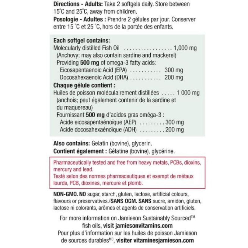 Jamieson Omega-3 Select Bonus Size Nutrition Panel, 200 Softgels - SupplementSource.ca