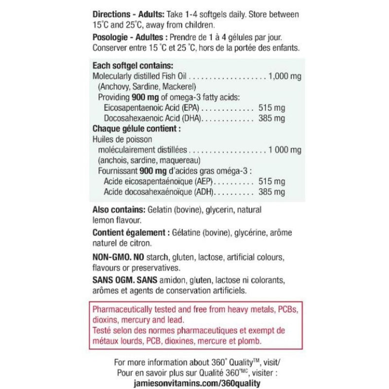 Jamieson Omega-3 Ultra Strength Nutrition Panel, 900mg, 75 Softgels - SupplementSource.ca