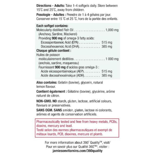 Jamieson Omega-3 Ultra Strength Nutrition Panel, 900mg, 75 Softgels - SupplementSource.ca