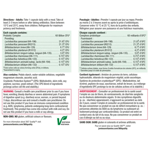 Jamieson Probiotic 60 Billion, 24 VCaps Nutrition Panel - SuplementSource.ca