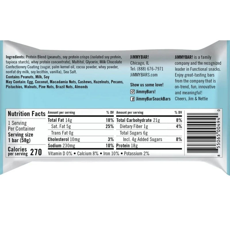 Jimmybar Protein Bar Chocolate Peanut Butter Nutrition Panel, 12 Bars/Box - SupplementSource.ca