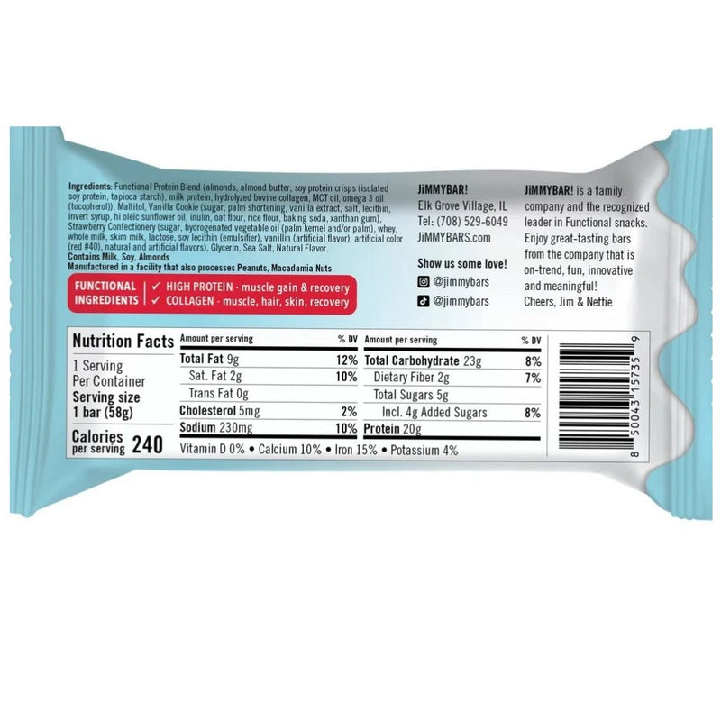 Jimmybar Protein Bar Strawberry Cookies 'N Cream Nutrition Panel, 12 Bars/Box - SupplementSource.ca