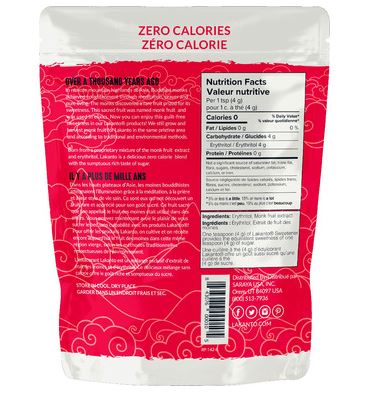 Lakanto Sweetener Erythritol Monk Fruit Blend Nutrition Panel, 454 g - SupplementSource.ca