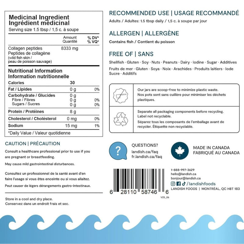Landish Pure Marine Collagen, 250g Unflavoured Nutrition Panel - SupplementSource.ca