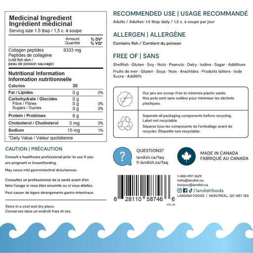 Landish Pure Marine Collagen, 250g Unflavoured Nutrition Panel - SupplementSource.ca