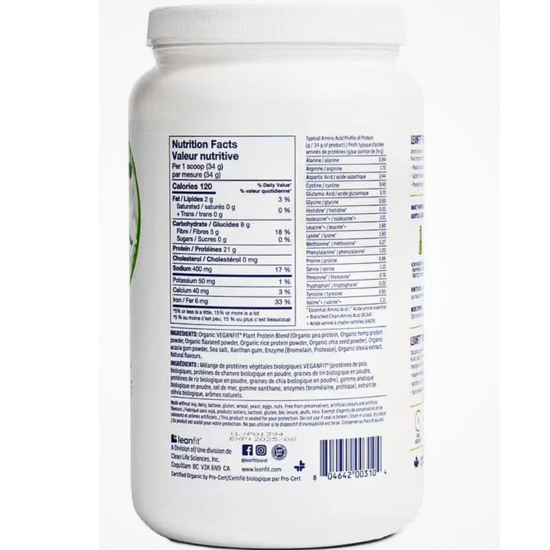 Leanfit Organic Plant-Based Protein Vanilla Bean Nutrition Panel, 21 Servings - SupplementSource.ca