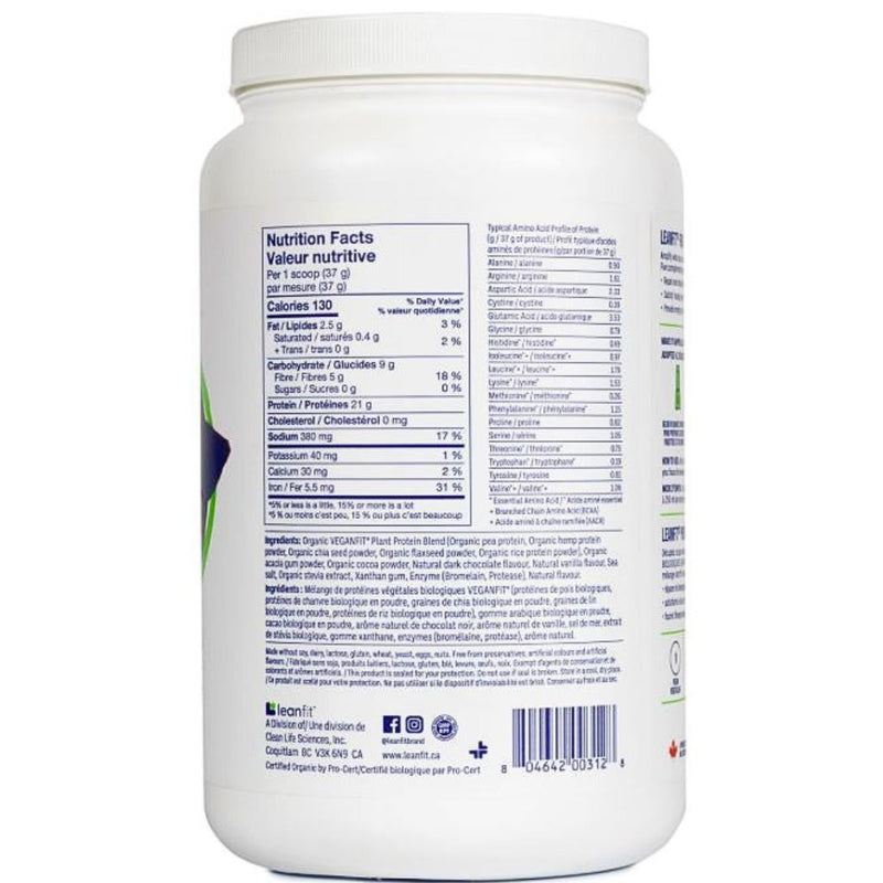 Leanfit Organic Plant-Based Protein Nutrition Panel, Chocolate Flavour, 19 servings - SupplementSource.ca