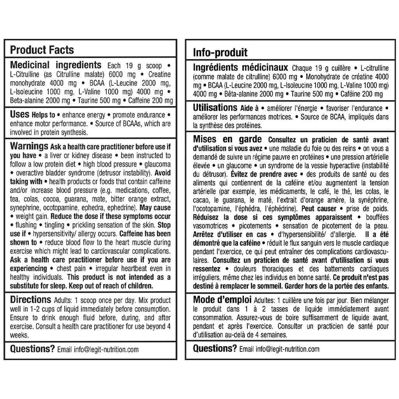 Legit Nutrition Rep Max Pre-Workout, 25 Servings Miami Vice Nutrition Panel - SupplementSource.ca