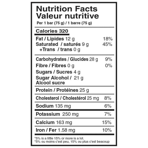 Mammoth PROTEIN BAR, 5 Bars/Box Chocolate Caramel Nutritional Panel - SupplementSource.ca