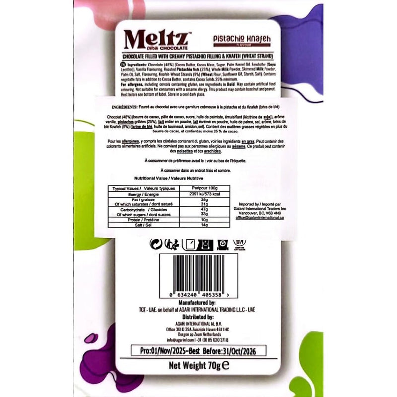 Meltz Dubai Meltabubu Chocolate, 70 g Pistachio Knafeh Nutrition Panel - SupplementSource.ca