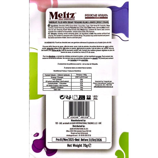 Meltz Dubai Meltabubu Chocolate, 70 g Pistachio Knafeh Nutrition Panel - SupplementSource.ca