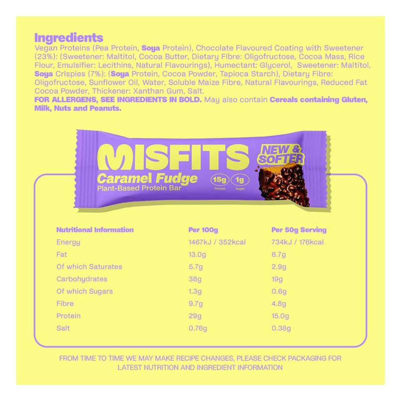Misfits Plant Based Protein Bars, Caramel Fudge Nutrition Panel - SupplementSource.ca