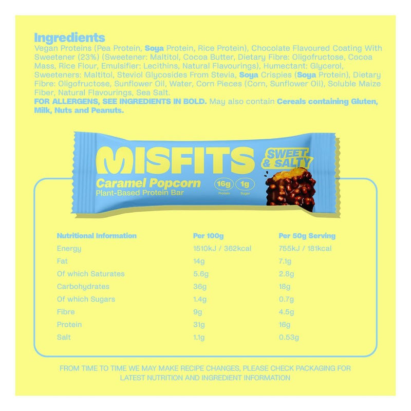 Misfits Plant Based Protein Bars, Caramel Popcorn Nutrition Panel - SupplementSource.ca