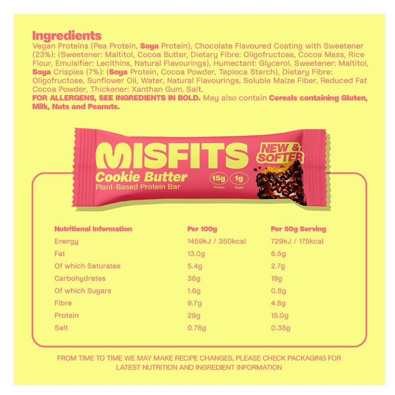 Misfits Plant Based Protein Bars, Cookie  Butter Nutrition Panel  - SupplementSource.ca