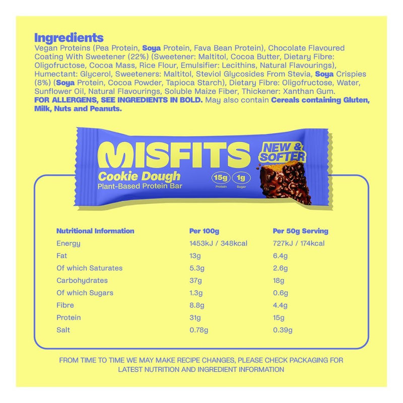 Misfits Plant Based Protein Bars, Cookie Dough Nutrition Panel - SupplementSource.ca