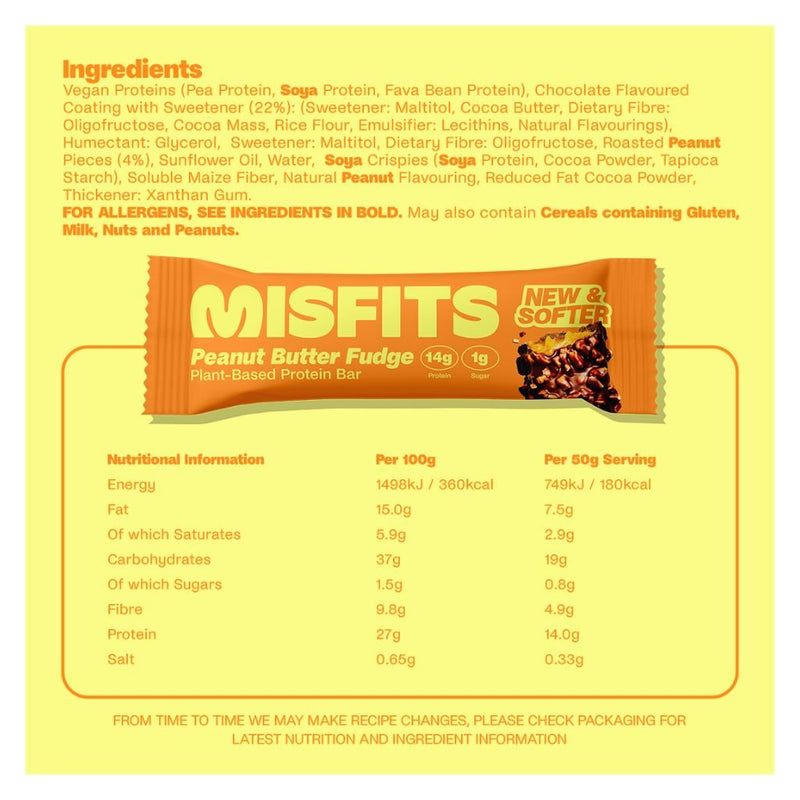 Misfits Plant Based Protein Bars, Peanut Butter Fudge Nutrition Panel - SupplementSource.ca