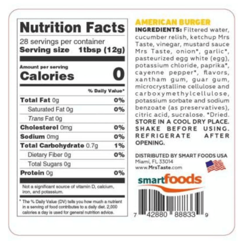 Mrs Taste Zero Calorie Sauces American Burger Nutrition Panel - SupplementSource.ca