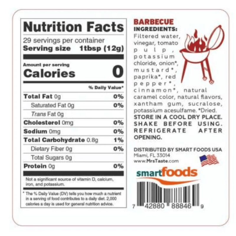 Mrs Taste Zero Calorie Sauces Barbecue Sauce Nutrition Panel - SupplementSource.ca