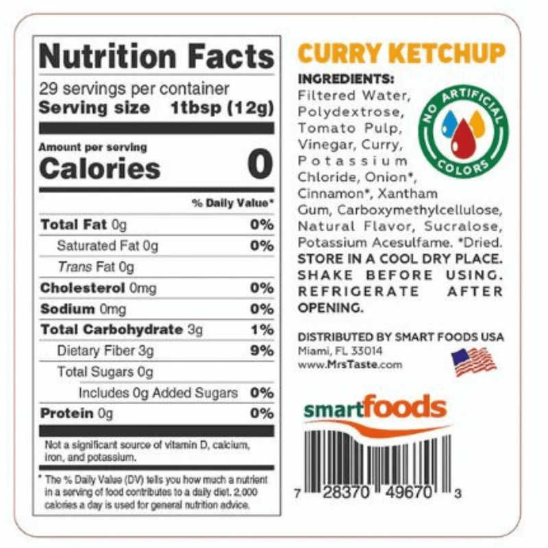 Mrs Taste Zero Calorie Sauces Curry Ketchup Nutrition Panel - SupplementSource.ca