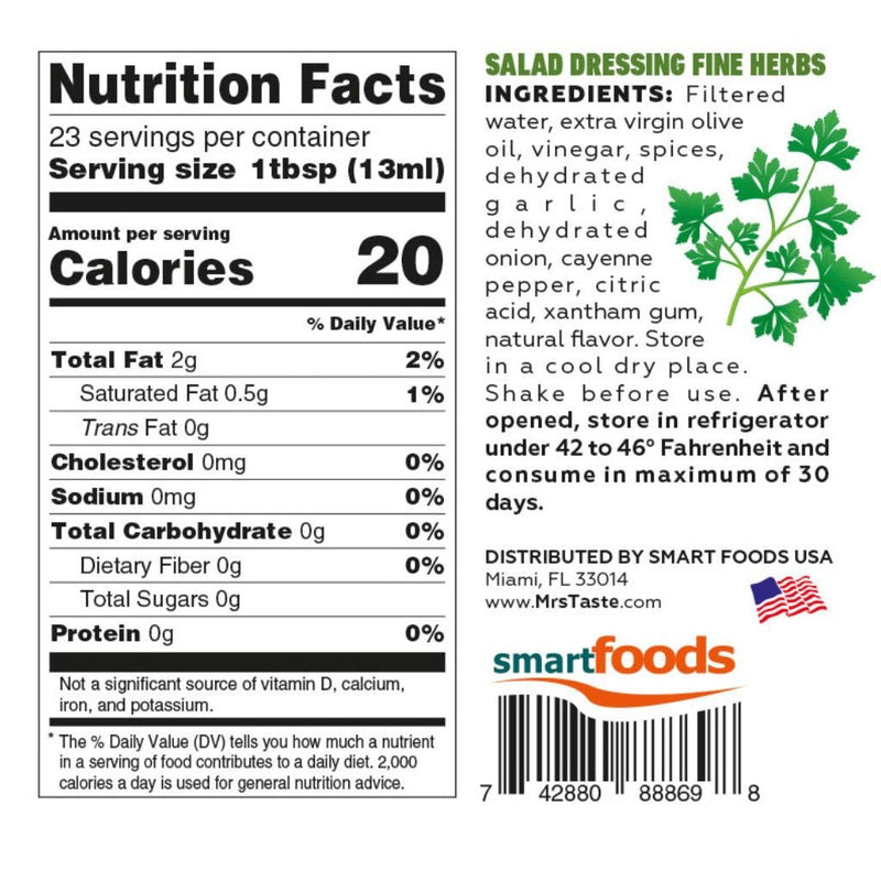 Mrs Taste Fine Herbs Dressing Nutrition Panel - SupplementSource.ca