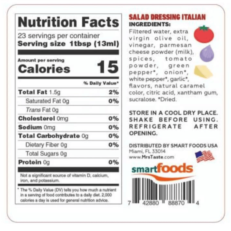 Mrs. Taste Zero Sugar Dressing, 300 ml  Italian Nutrition Panel - SupplementSource.ca