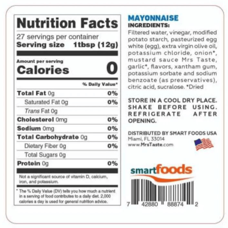 Mrs Taste Zero Calorie Sauces Mayonnaise Nutrition Panel - SupplementSource.ca