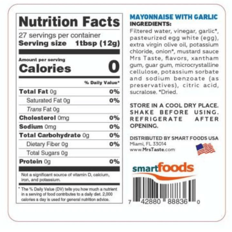 Mrs Taste Zero Calorie Sauces Mayonnaise with Garlic Nutrition Panel - SupplementSource.ca