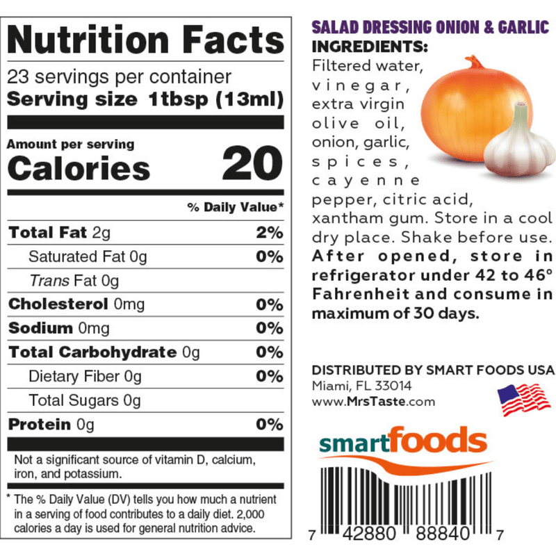 Mrs. Taste Zero Sugar Dressing, 300 ml  Onion & Garlic Nutrition Panel - SupplementSource.ca