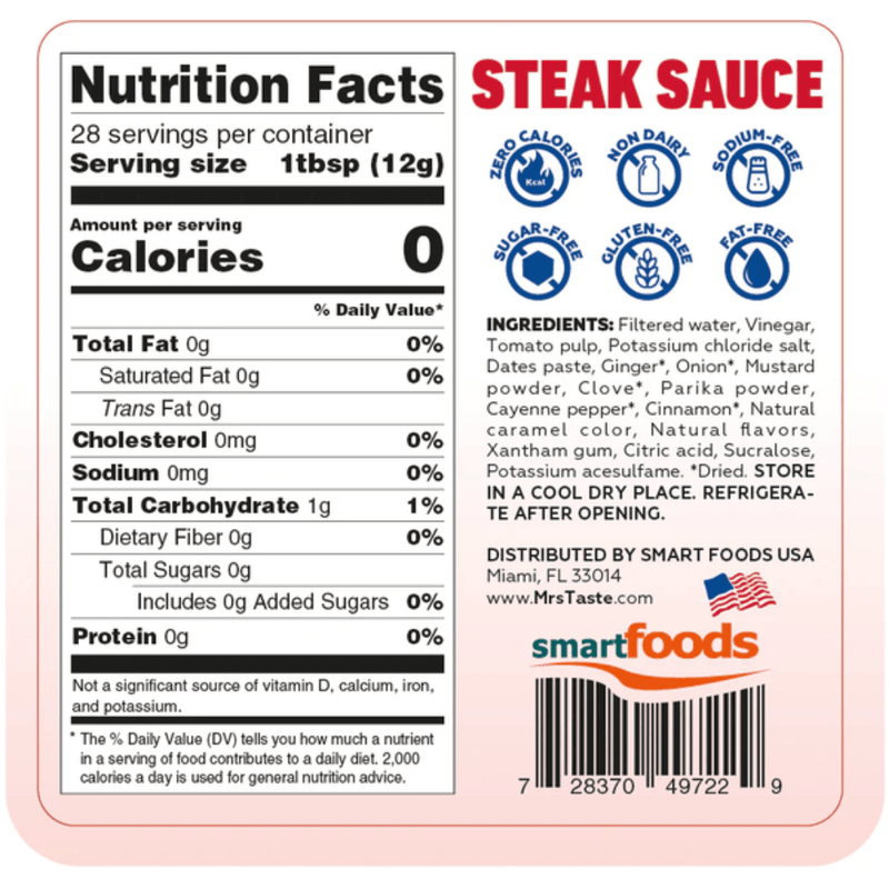 Mrs Taste Zero Calorie Sauces Steak Sauce Nutrition Panel - SupplementSource.ca