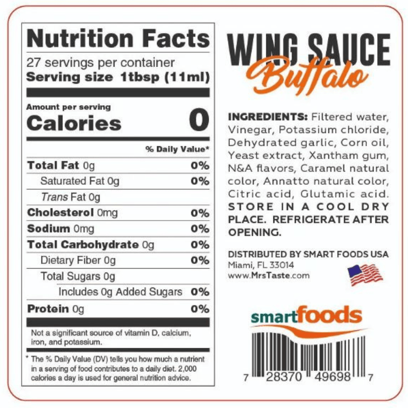 Mrs Taste Zero Calorie Sauces Wing Sauce Nutrition Panel - SupplementSource.ca
