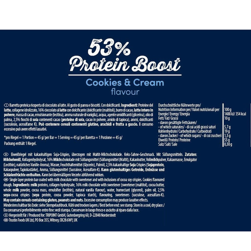 Multipower 53% Protein Boost Protein Bars, 45g x 20 Bars/Box Cookies and Cream Nutrition Panel - SupplementSource.ca