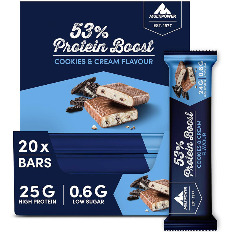 Multipower 53% Protein Boost Protein Bars, 45g x 20 Bars/Box Cookies and Cream - SupplementSource.ca