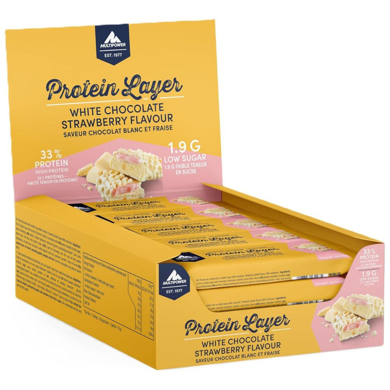 Multipower Protein Layer Bar, 18 Bars White Chocolate Strawberry - SupplementSourceca