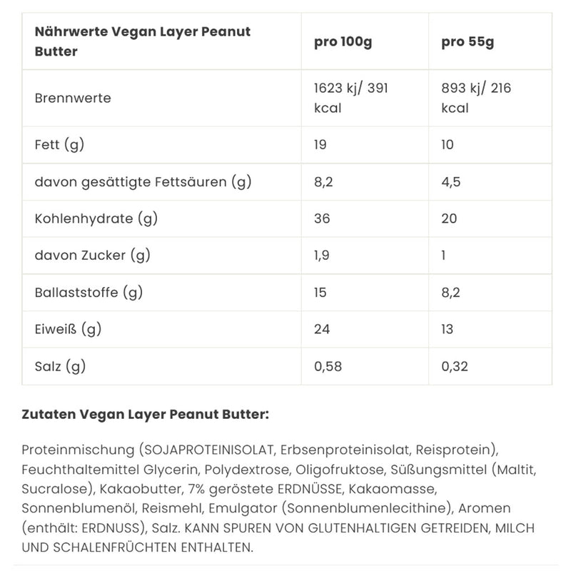 Multipower Protein Layer Vegan Bar, 55g x 15 Bars/Box Peanut Butter Nutrition Panel - SupplementSource.ca