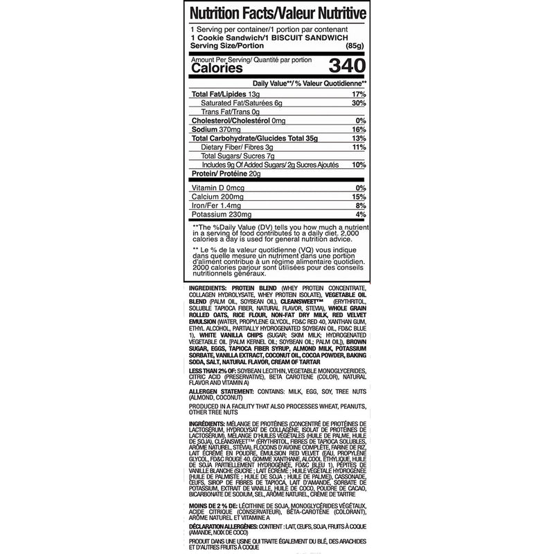 Muscle Sport Protein Whoopie, 6 Cookies/Box Red Velvet Cake Nutrition Panel - SupplementSource.ca