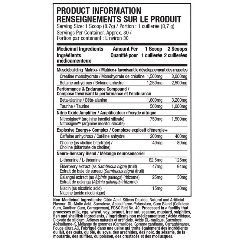 Muscletech VaporX5 Pre-Workout, 30 Servings Nutrition Panel - SupplementSource.ca