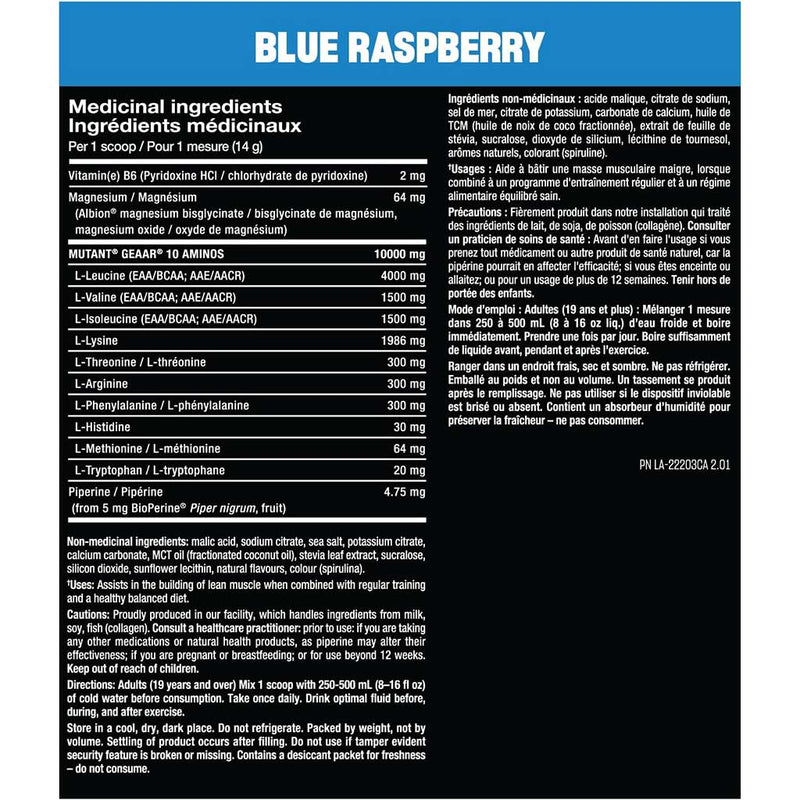 Mutant GEAAR Blue Raspberry, 30 Servings Nutrition Panel -  SupplementSource.ca