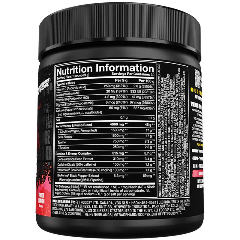 Mutant Madness Fruit Punch, 30 servings Nutrition Panel - Supplementsource.ca