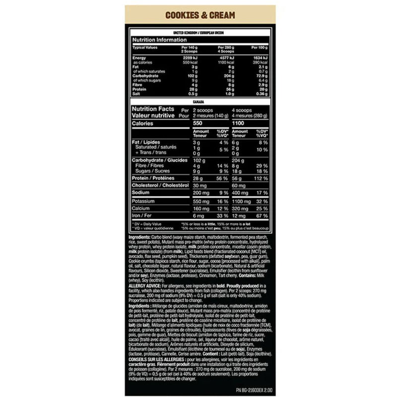 MUTANT MASS, 15lb Cookies & Cream Nutrition Panel - SupplementSource.ca