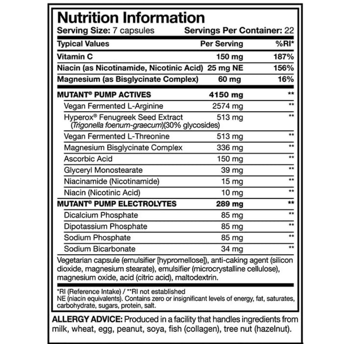 Mutant Pump Nutritional Panel - SupplementSource.ca